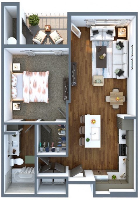 a 3d drawing of a one bedroom with a bathroom and a living room at Elevation San Tan, Gilbert, AZ